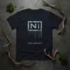 [WITH_ANTLERS] text design with glitch art effect on a dark t-shirt, inspired by industrial music