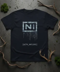 [WITH_ANTLERS] text design with glitch art effect on a dark t-shirt, inspired by industrial music