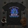 Graphic t-shirt featuring a neon-style unicorn giving the middle finger with the quote "You curse too much. BITCH You breathe